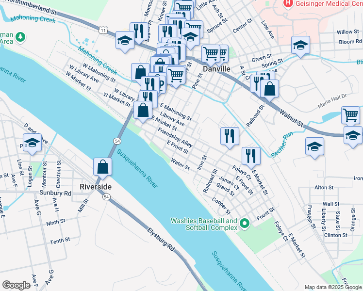 map of restaurants, bars, coffee shops, grocery stores, and more near 300-312 East Market Street in Danville