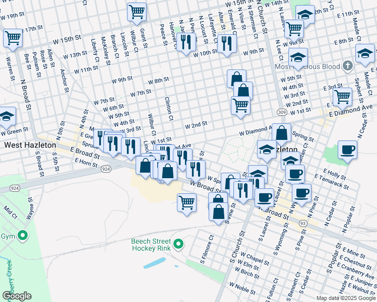 map of restaurants, bars, coffee shops, grocery stores, and more near 553 West Maple Street in Hazleton
