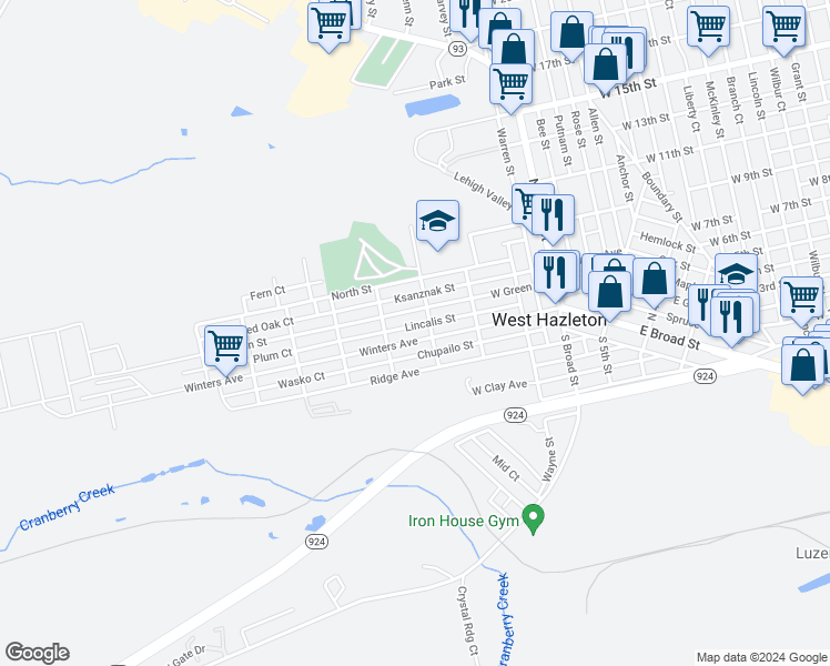map of restaurants, bars, coffee shops, grocery stores, and more near 415 Winters Avenue in West Hazleton