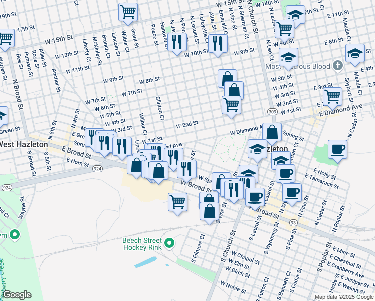 map of restaurants, bars, coffee shops, grocery stores, and more near 514 West Oak Street in Hazleton