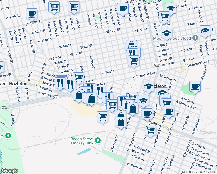 map of restaurants, bars, coffee shops, grocery stores, and more near 514 West Oak Street in Hazleton