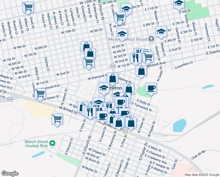 map of restaurants, bars, coffee shops, grocery stores, and more near 141 North Church Street in Hazleton
