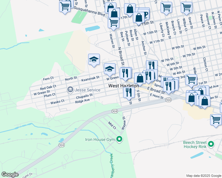 map of restaurants, bars, coffee shops, grocery stores, and more near 224 Winters Avenue in West Hazleton