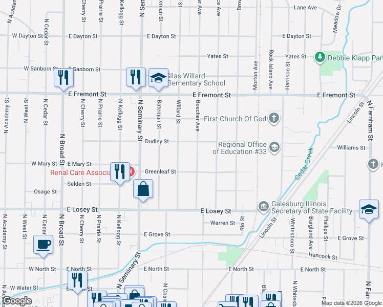 map of restaurants, bars, coffee shops, grocery stores, and more near 601 Dudley Street in Galesburg