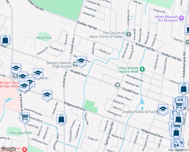 map of restaurants, bars, coffee shops, grocery stores, and more near 979 Midland Road in Oradell