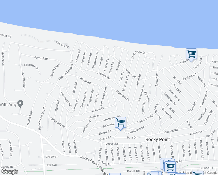 map of restaurants, bars, coffee shops, grocery stores, and more near 128 Magnolia Drive in Rocky Point