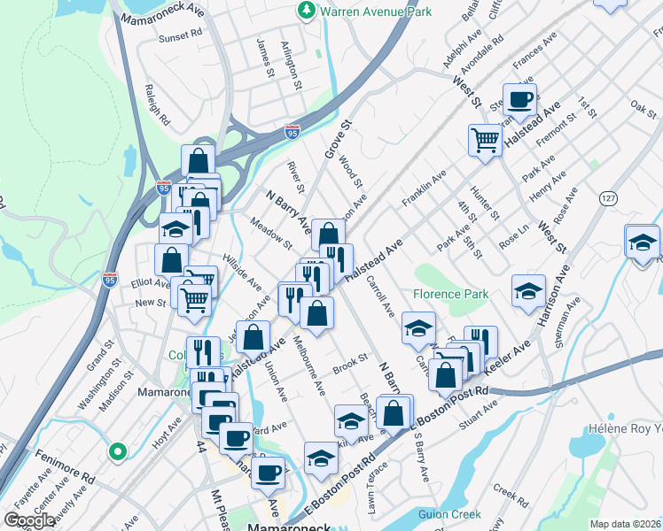 map of restaurants, bars, coffee shops, grocery stores, and more near 579 North Barry Avenue in Mamaroneck