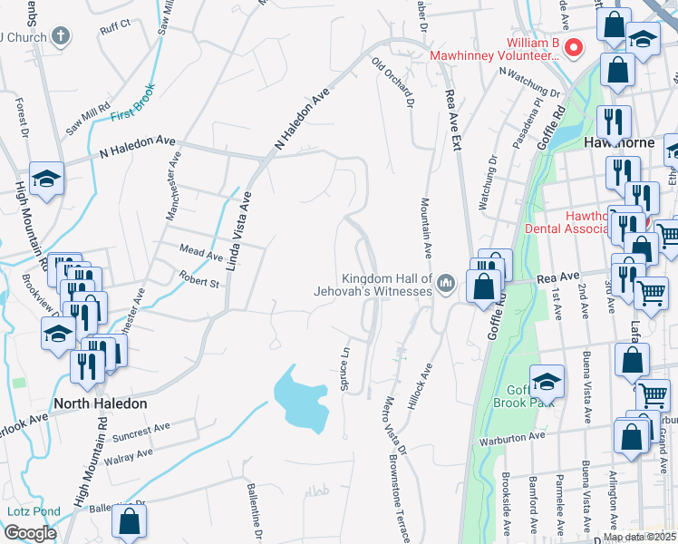 map of restaurants, bars, coffee shops, grocery stores, and more near 16 Peach Tree Lane in North Haledon
