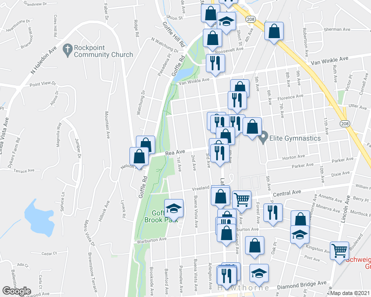 map of restaurants, bars, coffee shops, grocery stores, and more near 65 Rea Avenue in Hawthorne
