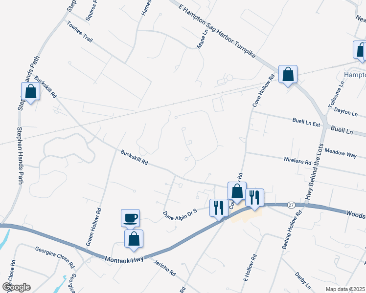map of restaurants, bars, coffee shops, grocery stores, and more near 4 Yearling Court in East Hampton