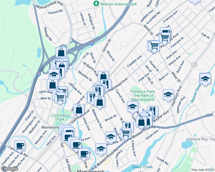 map of restaurants, bars, coffee shops, grocery stores, and more near 523 Carroll Avenue in Mamaroneck