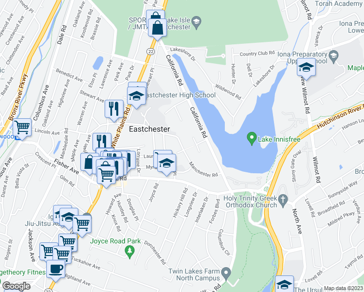 map of restaurants, bars, coffee shops, grocery stores, and more near 14 Channing Place in Eastchester