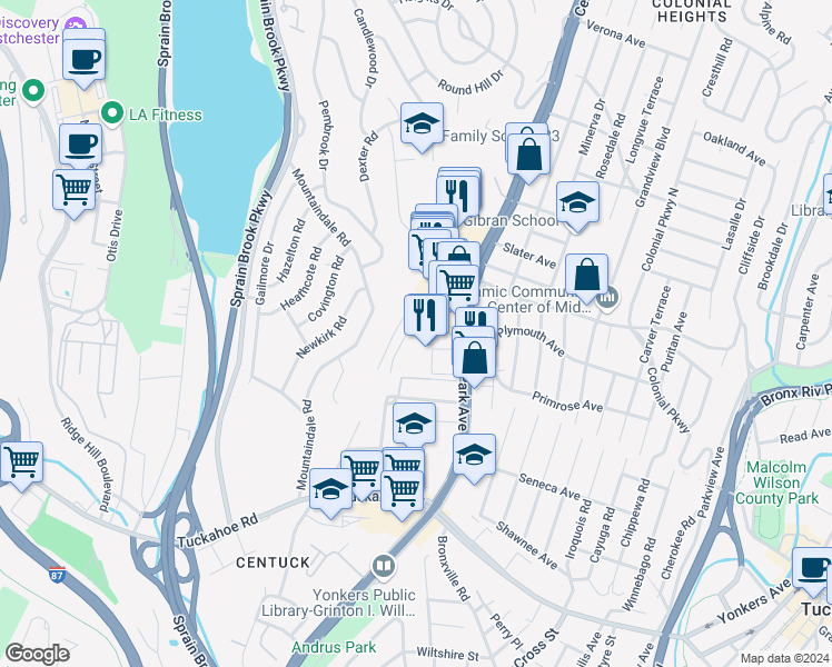 map of restaurants, bars, coffee shops, grocery stores, and more near 1 Balint Drive in Yonkers