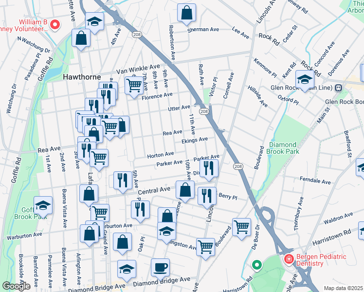 map of restaurants, bars, coffee shops, grocery stores, and more near 25 9th Avenue in Hawthorne