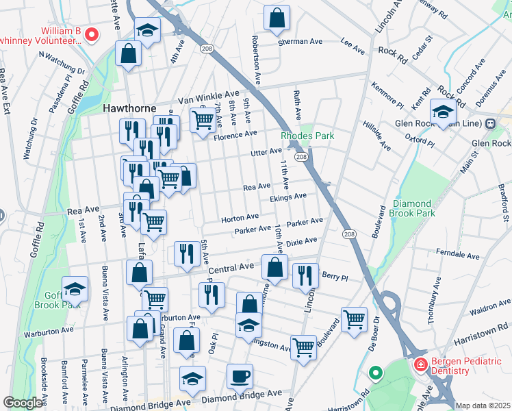 map of restaurants, bars, coffee shops, grocery stores, and more near 25 9th Avenue in Hawthorne