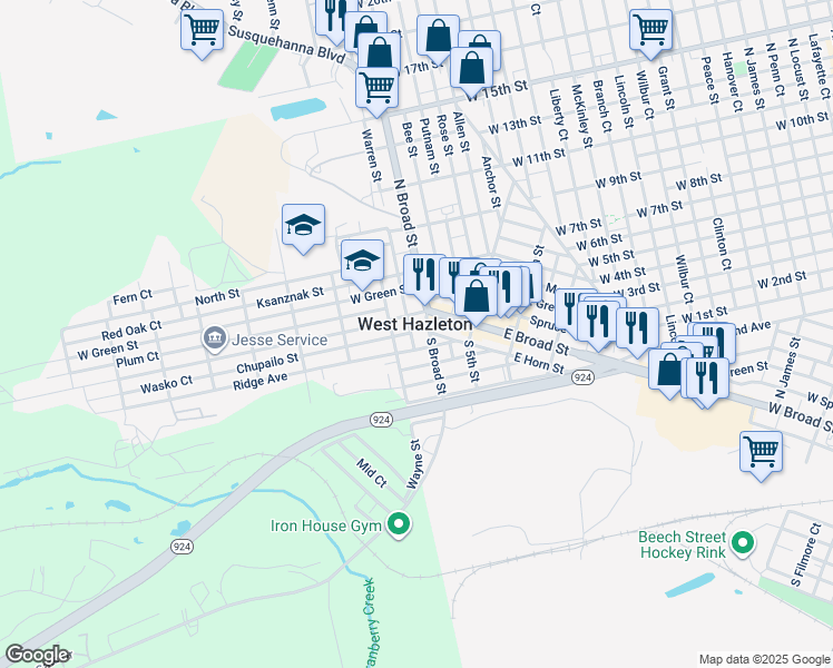 map of restaurants, bars, coffee shops, grocery stores, and more near in West Hazleton