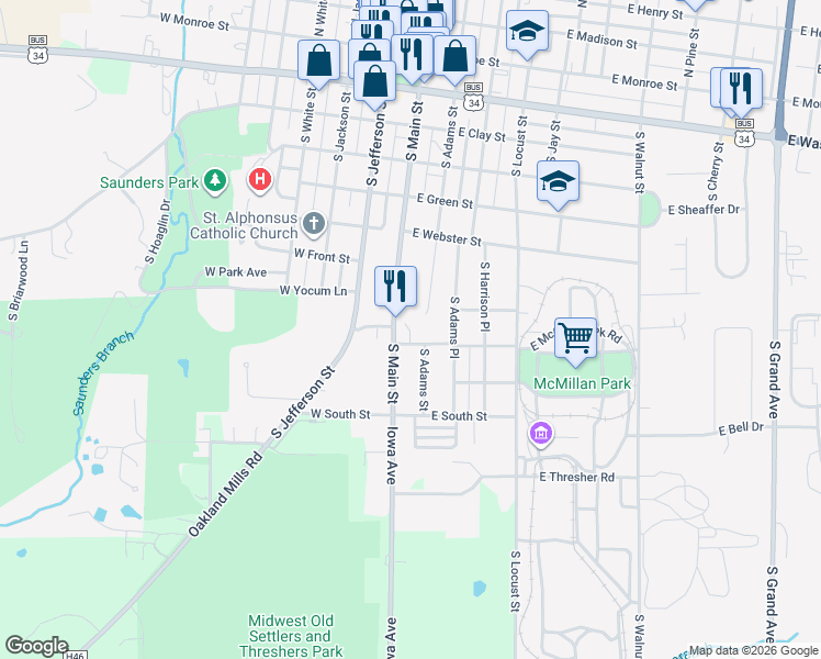 map of restaurants, bars, coffee shops, grocery stores, and more near 101 East Langdon Street in Mount Pleasant