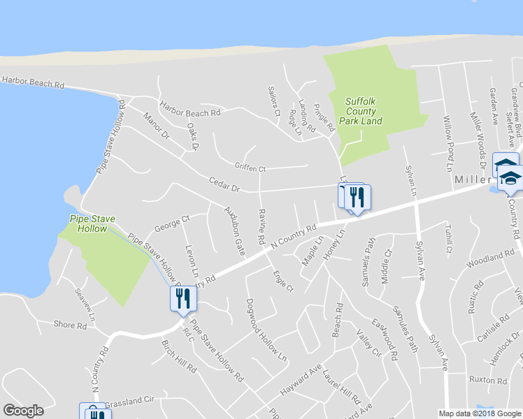 map of restaurants, bars, coffee shops, grocery stores, and more near 7 Ravine Road in Miller Place