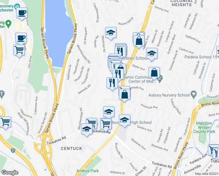 map of restaurants, bars, coffee shops, grocery stores, and more near 1 Balint Drive in Yonkers
