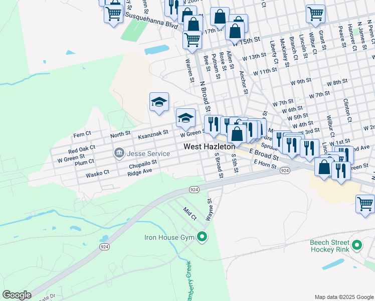map of restaurants, bars, coffee shops, grocery stores, and more near 224 Winters Avenue in West Hazleton