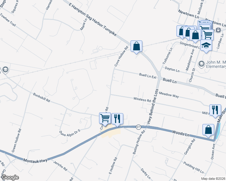 map of restaurants, bars, coffee shops, grocery stores, and more near 80 Cove Hollow Road in East Hampton