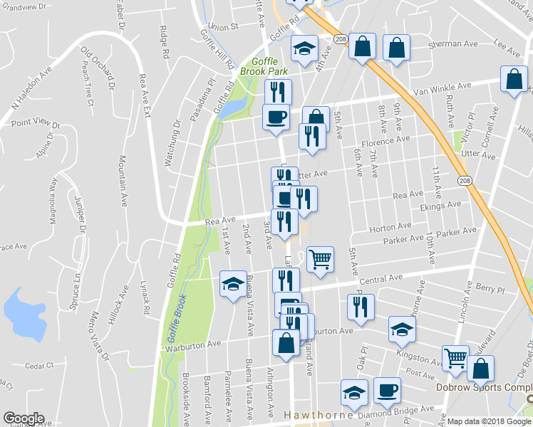 map of restaurants, bars, coffee shops, grocery stores, and more near 185 Rea Avenue in Hawthorne