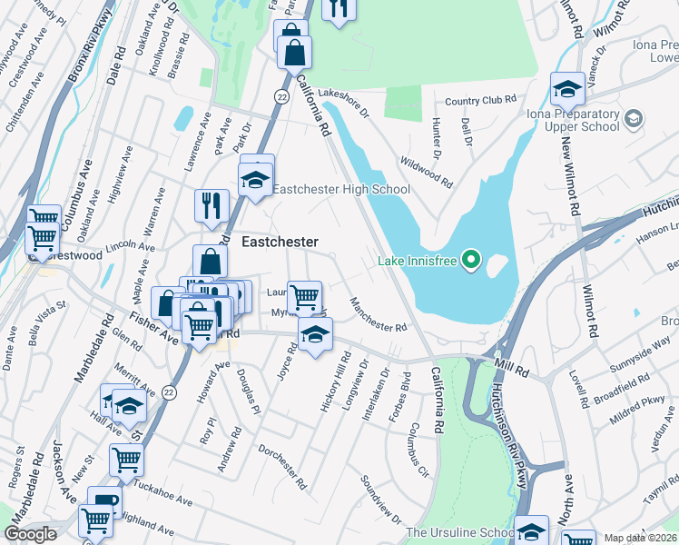 map of restaurants, bars, coffee shops, grocery stores, and more near 14 Channing Place in Eastchester