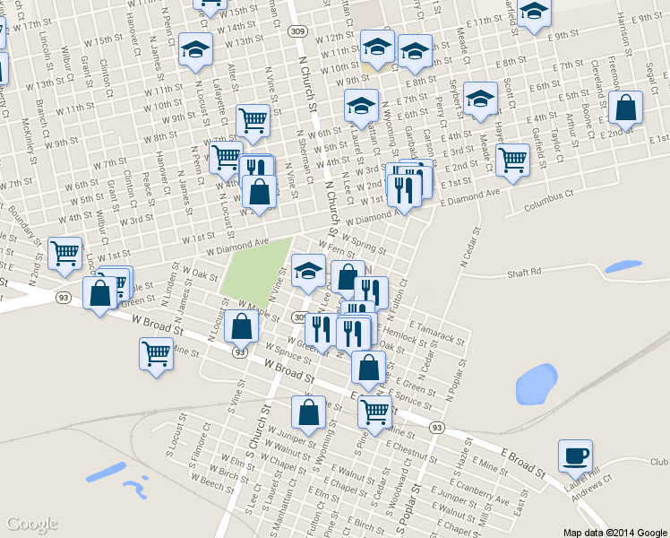 map of restaurants, bars, coffee shops, grocery stores, and more near 141 North Church Street in Hazleton