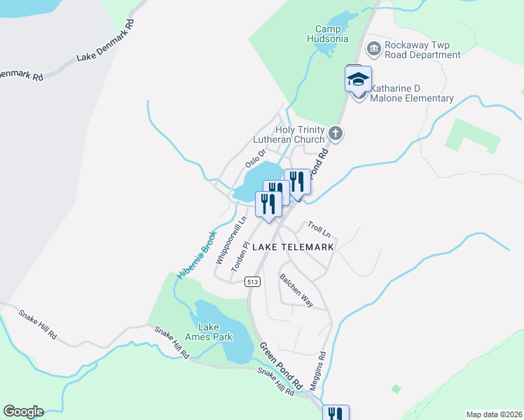 map of restaurants, bars, coffee shops, grocery stores, and more near 30 Telemark Road in Rockaway
