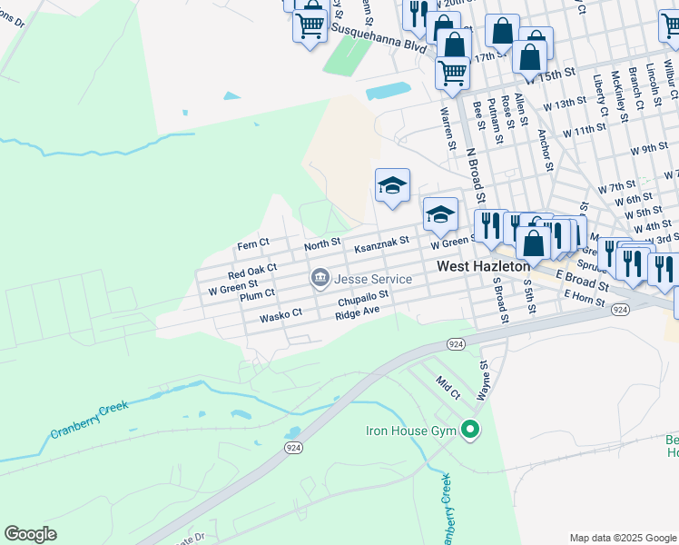 map of restaurants, bars, coffee shops, grocery stores, and more near 510 West Green Street in West Hazleton