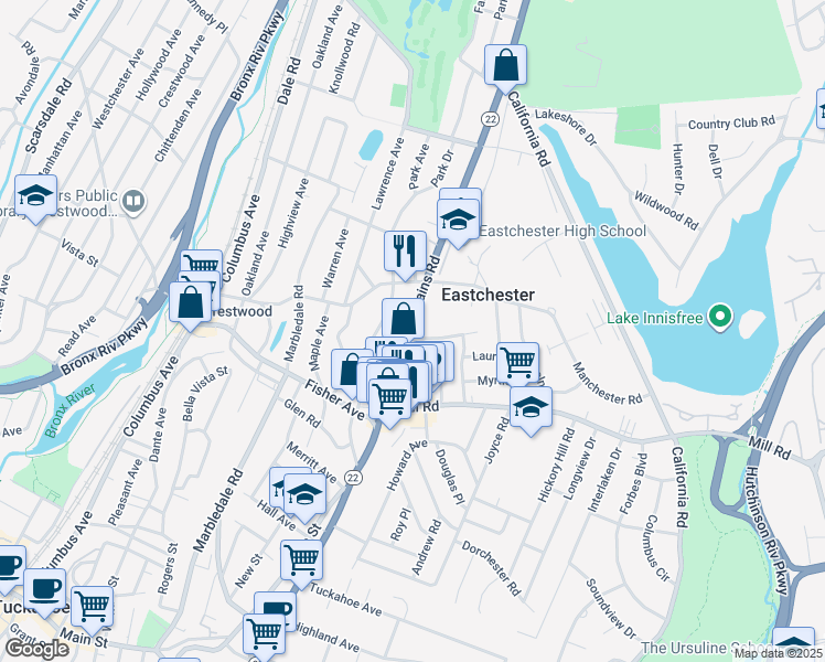 map of restaurants, bars, coffee shops, grocery stores, and more near 505 New York 22 in Eastchester
