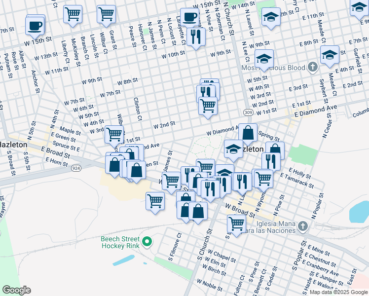 map of restaurants, bars, coffee shops, grocery stores, and more near West Hemlock Street in Hazleton