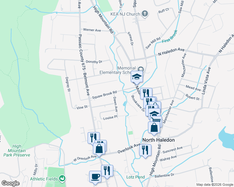 map of restaurants, bars, coffee shops, grocery stores, and more near 73 Squaw Brook Road in North Haledon