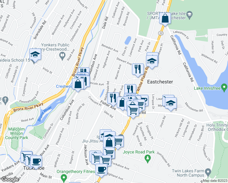 map of restaurants, bars, coffee shops, grocery stores, and more near 83 Maple Avenue in Tuckahoe