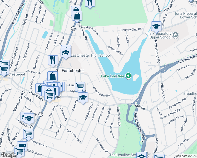 map of restaurants, bars, coffee shops, grocery stores, and more near 14 Channing Place in Eastchester