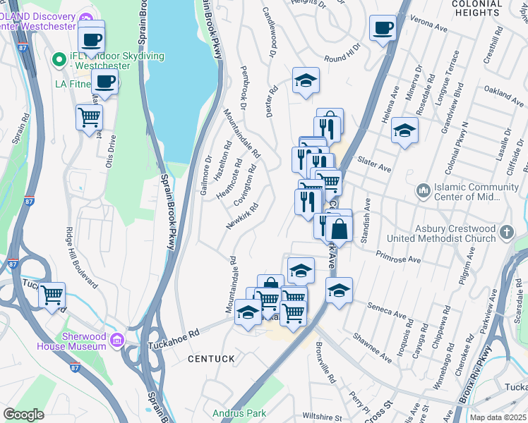 map of restaurants, bars, coffee shops, grocery stores, and more near 75 Newkirk Road in Yonkers