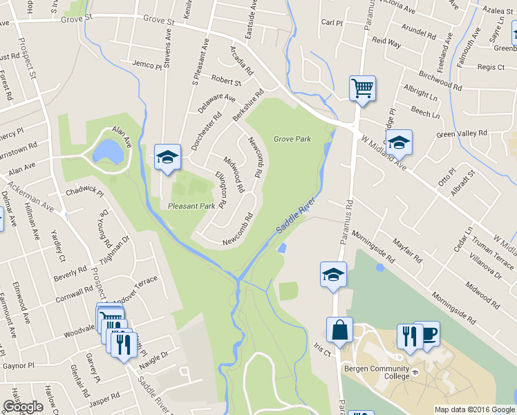 map of restaurants, bars, coffee shops, grocery stores, and more near 731 Newcomb Road in Ridgewood