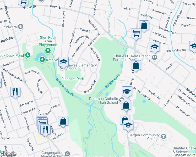 map of restaurants, bars, coffee shops, grocery stores, and more near 731 Newcomb Road in Ridgewood