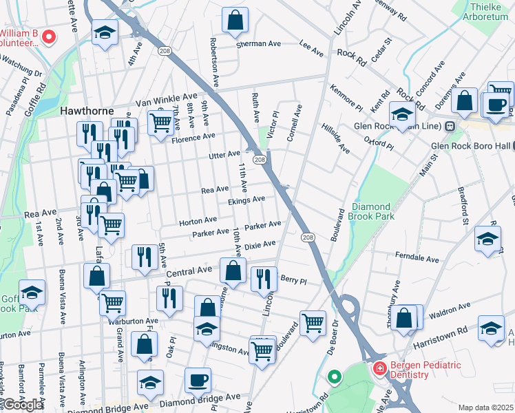 map of restaurants, bars, coffee shops, grocery stores, and more near 63 Ekings Avenue in Hawthorne