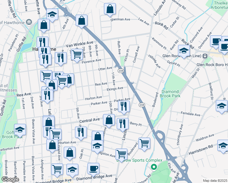 map of restaurants, bars, coffee shops, grocery stores, and more near 68 11th Avenue in Hawthorne