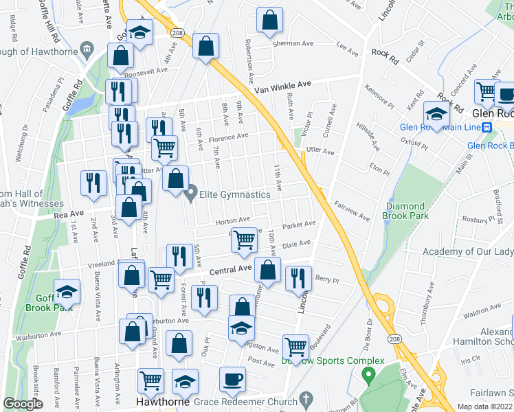 map of restaurants, bars, coffee shops, grocery stores, and more near 25 9th Avenue in Hawthorne