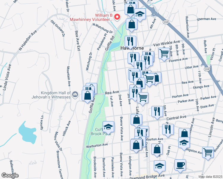 map of restaurants, bars, coffee shops, grocery stores, and more near 100 1st Avenue in Hawthorne