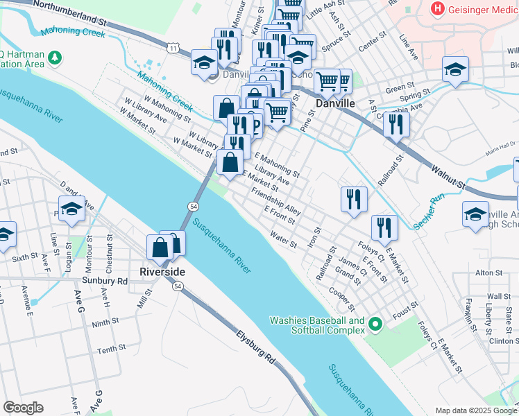 map of restaurants, bars, coffee shops, grocery stores, and more near 109 Pine Street in Danville