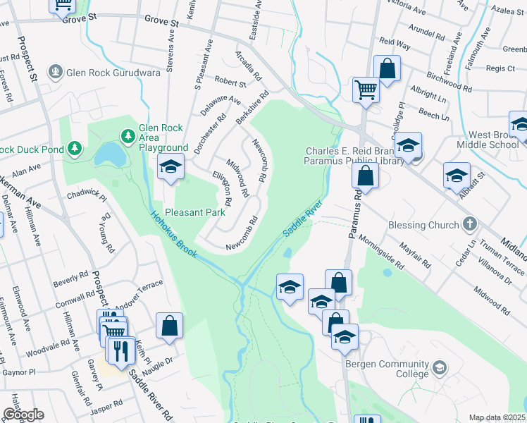 map of restaurants, bars, coffee shops, grocery stores, and more near 731 Newcomb Road in Ridgewood