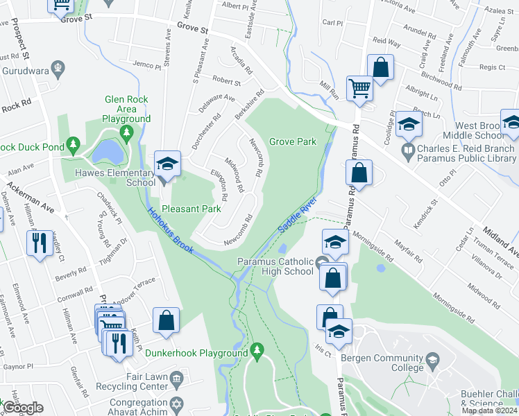 map of restaurants, bars, coffee shops, grocery stores, and more near 743 Newcomb Road in Ridgewood