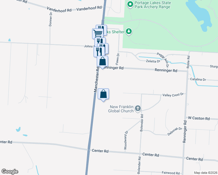 map of restaurants, bars, coffee shops, grocery stores, and more near 5283 Manchester Road in Akron