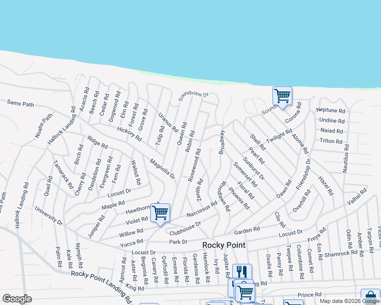 map of restaurants, bars, coffee shops, grocery stores, and more near 44 Robin Road in Rocky Point
