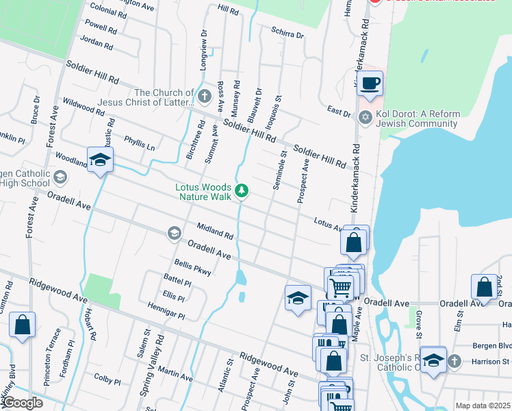 map of restaurants, bars, coffee shops, grocery stores, and more near in Oradell