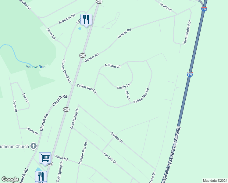 map of restaurants, bars, coffee shops, grocery stores, and more near 34 Leslie Lane in Jim Thorpe