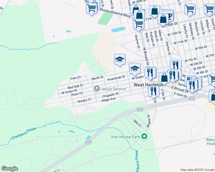 map of restaurants, bars, coffee shops, grocery stores, and more near 436 West Green Street in West Hazleton